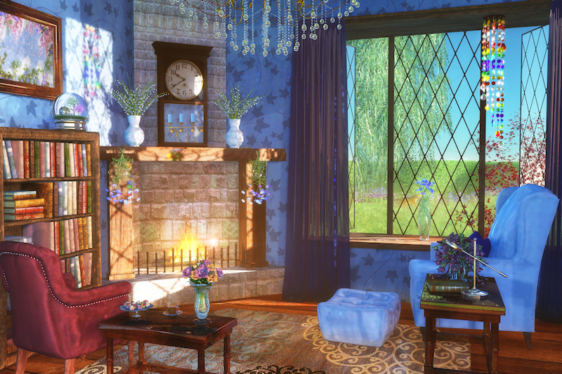 A cozy reading corner on a sunny spring day. Warm sunlight streams in through the lattice windows, leaving shadows on the wall and lighting up the cherry blossom 'snowglobe' on the bookshelf. In the window is a colorful suncatcher sparkling in the light. Around the hearth are cushy armchairs, with vases of flowers and books and a steaming teacup, but the windows are open to let in the spring breeze. Outside a spring-green willow and beech hedge and red Japanese maple are surrounded by tulips and cornflowers, while a ginger cat stalks through the long grass.