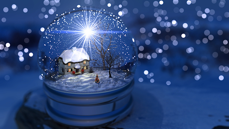 Inside a snow globe is a winter landscape with a cottage overshadowed by bare maple and cherry trees. In the windows of the little house candles burn, and on the lawn a Christmas tree sparkles with red and gold. It's an evening at Christmastime, and the lights of a thousand tiny stars fill the globe, with one great Christmas star filling the night with its rays, while the warm beams from inside the cottage light up the surrounding landscape.