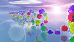A 3D science fiction seascape created in Vue, depicting a light pink and lavender sunset behind a structure of multi-colored spheres like giant atoms ...