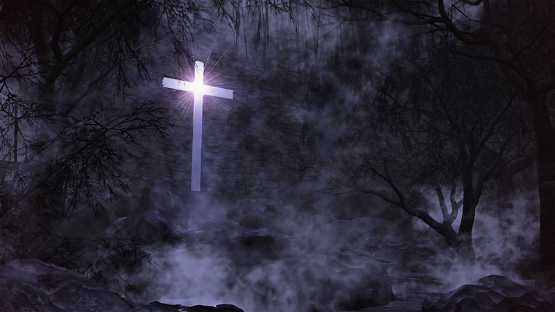 An unusual 3D Easter design created in Vue and illustrating salvation from darkness to light through the cross of Christ. In a dark forest the trees are withered and gnarled, with fog and mist circling their twisted trunks and covering the rocky ground. The woods are bounded by a tall stone wall which blocks any view of the other side. But in the wall is a cross-shaped hole, and the rising sun shines brilliantly through the gap, inviting the viewer to escape from the shadows into the sunlight.