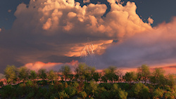 Behind the silhouettes of budding spring trees a flash of lightning breaks through the lowering clouds of a sunset sky....