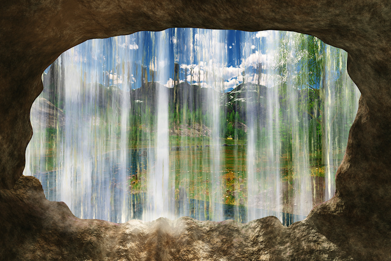 Looking out of a cave under a waterfall onto an idyllic scene in a small river valley. Through a gap in the falling water a cottage is visible just beyond the curve of the river. The water streaming past the opening breaks the sunlight into many colors and sparkles.