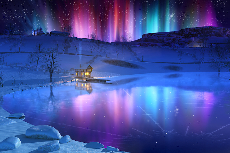 The northern lights glow above a snowy winter landscape. Shafts of pink, purple, blue, and green light up the snow-covered fields and reflect from a frozen lake. By the water stands a cottage with warm light streaming from its windows and smoke coming from the chimney - a cozy refuge from the sparkling cold.